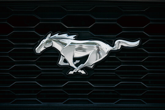Shiny chrome Ford Mustang logo on a black honeycomb grille background.
