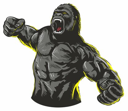 Muscular gorilla roaring with clenched fists, yellow outline accentuating powerful pose.