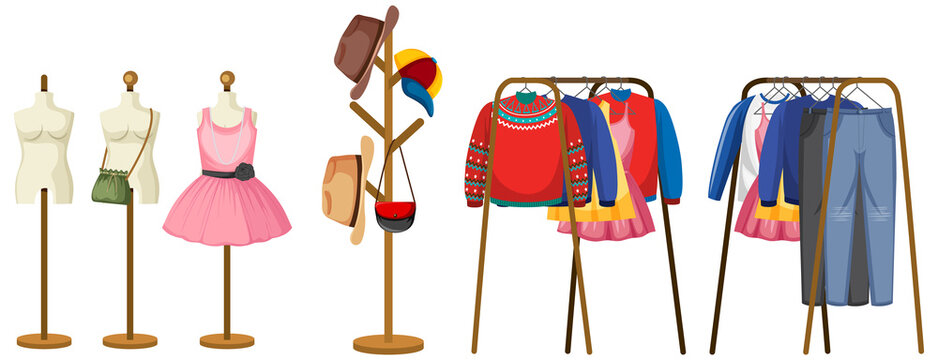 Clothing display with mannequins, coat rack with hats and bag, and two clothing racks holding sweaters, dresses, shirts, and jeans.