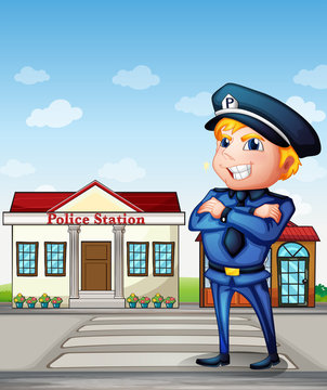 A smiling cartoon police officer stands confidently in front of a red-roofed police station under a blue sky.