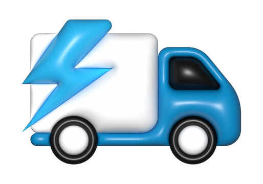 Blue delivery truck with a large blue lightning bolt on its side, symbolizing fast or electric delivery service.