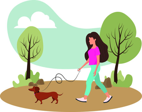 Woman walking a brown dachshund on a leash in a park with trees and clouds.