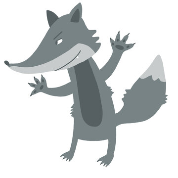 A cartoon gray fox standing upright, waving with both paws, smiling slyly with a bushy tail.