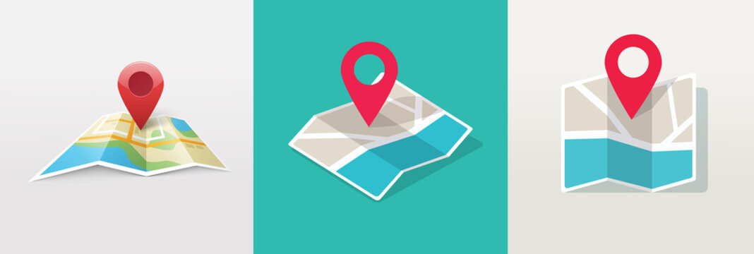 Three vector illustrations of red location pins on folded paper maps in flat, isometric, and perspective styles.