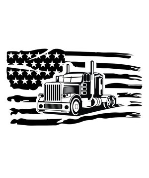 Black-and-white illustration of a classic American semi-truck with a stylized U.S. flag background.