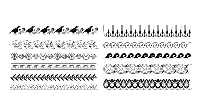 Black-and-white decorative border patterns including birds, spirals, waves, and geometric motifs.