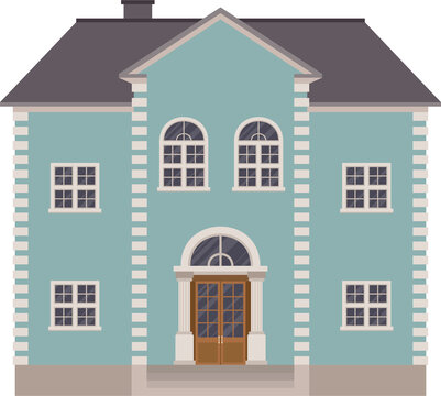 Light blue two-story house with arched windows, white trim, and wooden double doors under a gray roof.