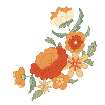 Vintage-style floral illustration with orange, red, and cream blossoms and green leaves on white background.