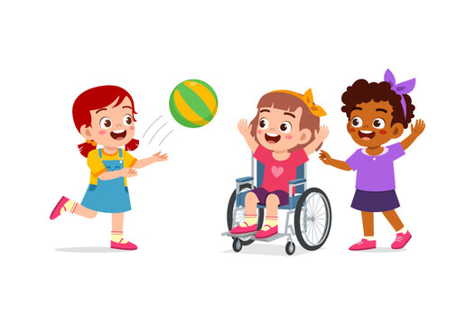 Three diverse children playing with a ball, including one in a wheelchair, smiling and engaged in inclusive play.