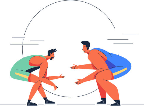 Two illustrated wrestlers in dynamic stances facing each other under an arch, ready to engage in competition.