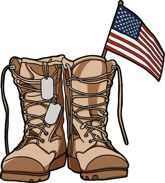 Pair of tan military combat boots with dog tags and a small American flag插在右侧靴筒上.