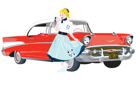 Retro 1950s Pin-Up Girl with Classic Red Chevrolet Bel Air Car Illustration