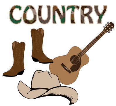 Classic Country Music Icons - Boots, Hat, Guitar & Camo Typography