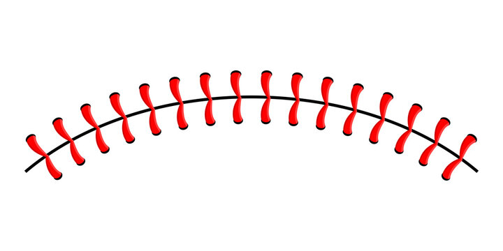 Red baseball stitching on a white background, stylized vector illustration of a curved seam.