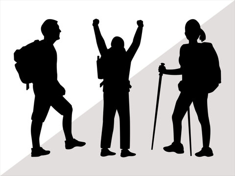 Silhouettes of three hikers-walking, celebrating, and trekking with poles-against a diagonal gray-white background.