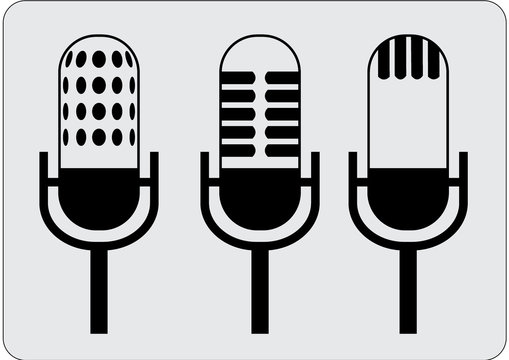 Three vintage-style microphone icons in black and white: perforated, slatted, and striped grilles.