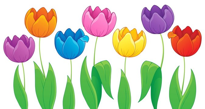 Seven vibrant cartoon-style tulips in rainbow colors-purple, orange, blue, pink, yellow, violet, and red-with green stems and leaves on white background.