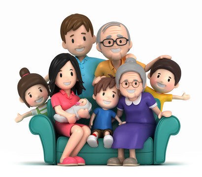 Multigenerational family smiling together on a teal sofa, including grandparents, parents, children, and a newborn.