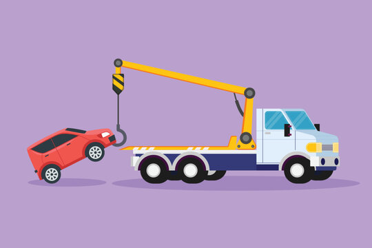 White tow truck with yellow crane lifting a red SUV against a purple background.