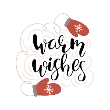 Handwritten "warm wishes" text with red mittens and snowflakes on a white background.