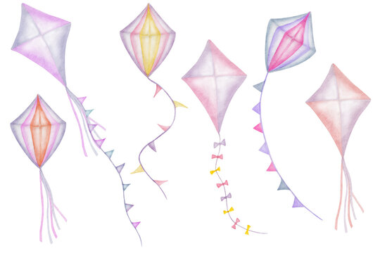 Watercolor illustration of five colorful diamond-shaped kites with decorative tails and ribbons, floating against a white background.