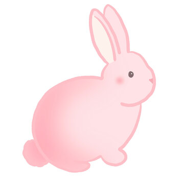 A soft pink cartoon rabbit sitting in profile with upright ears and a gentle expression.