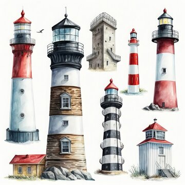 Collection of eight illustrated lighthouses in varied architectural styles and color schemes, including red-white striped, black-white striped, and stone towers.