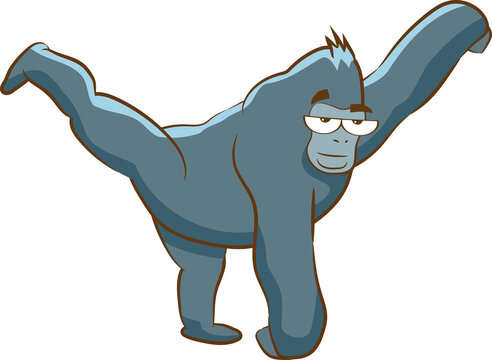 Blue cartoon gorilla balancing on one leg with arms outstretched, wearing glasses and a confident expression.