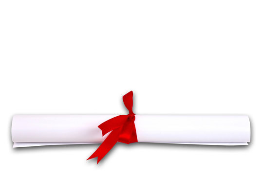 A white rolled diploma tied with a vibrant red ribbon, symbolizing academic achievement and graduation.