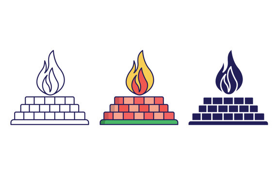 Three stylized flame-on-pyramid icons in outline, full-color, and dark variants.