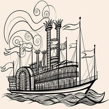 Vintage steamboat with ornate detailing, twin smokestacks, and waving flags sailing on stylized waves.
