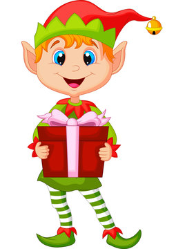 Cheerful cartoon elf in green and red outfit holding a wrapped gift with a pink bow.