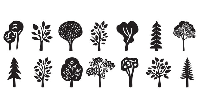 Collection of 14 stylized black-and-white tree silhouettes in various shapes and leaf patterns, suitable for design or educational use.