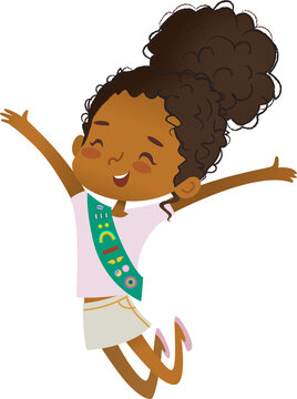 Joyful Black girl in Girl Scout sash jumping with arms raised, smiling broadly.