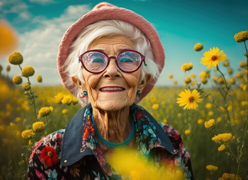 Smiling elderly woman with glasses and pink hat in a vibrant yellow flower field under a blue sky.