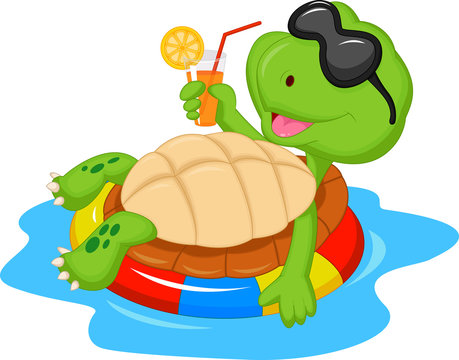 Cheerful green turtle wearing sunglasses, floating in a colorful inflatable ring while sipping a citrus drink with a straw.