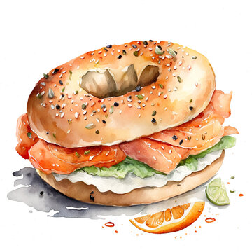 Watercolor illustration of a smoked salmon bagel with cream cheese, lettuce, capers, and citrus garnish.