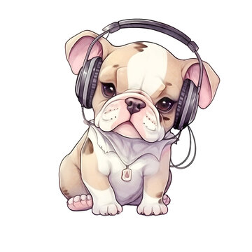 Cute bulldog puppy wearing oversized headphones and a bandana, sitting adorably on white background.