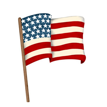 Waving American flag on a wooden stick against a white background.