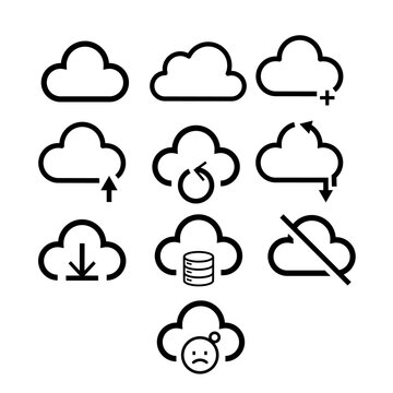 Grid of nine cloud computing icons showing upload, download, sync, database, error, and disable actions.