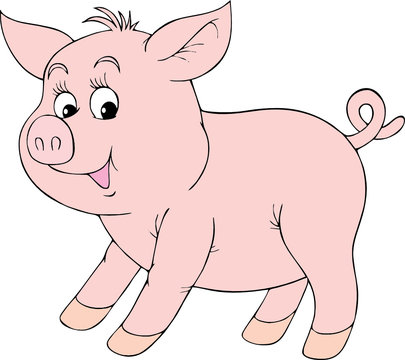 Cute cartoon pig with big eyes, smiling face, and curly tail walking forward.