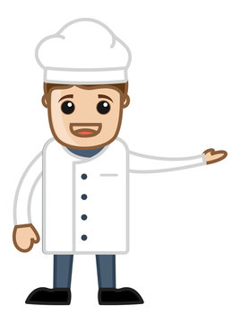 Friendly cartoon chef in white uniform and toque, gesturing warmly with open hand.