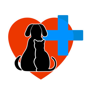 Silhouette of a dog and cat sitting together inside a red heart with a blue medical cross overlay.
