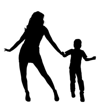 Silhouette of a woman and child holding hands, dancing joyfully against a white background.