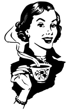 Vintage-style black-and-white illustration of a smiling woman holding a steaming teacup.