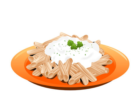 Penne pasta with creamy white sauce and fresh parsley on an orange plate.