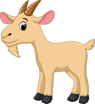 Cute cartoon goat with brown horns, pink ears, and a friendly smile standing sideways.