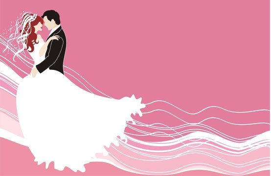 Silhouetted bride and groom embracing on a pink background with flowing white gown and veil details.