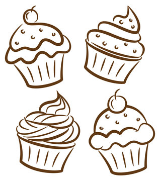 Four hand-drawn cupcake illustrations in brown line art, each with unique frosting and toppings like cherries and swirls.