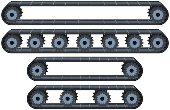 Four industrial conveyor belt illustrations with rollers and gear-driven pulleys, shown in different configurations.
